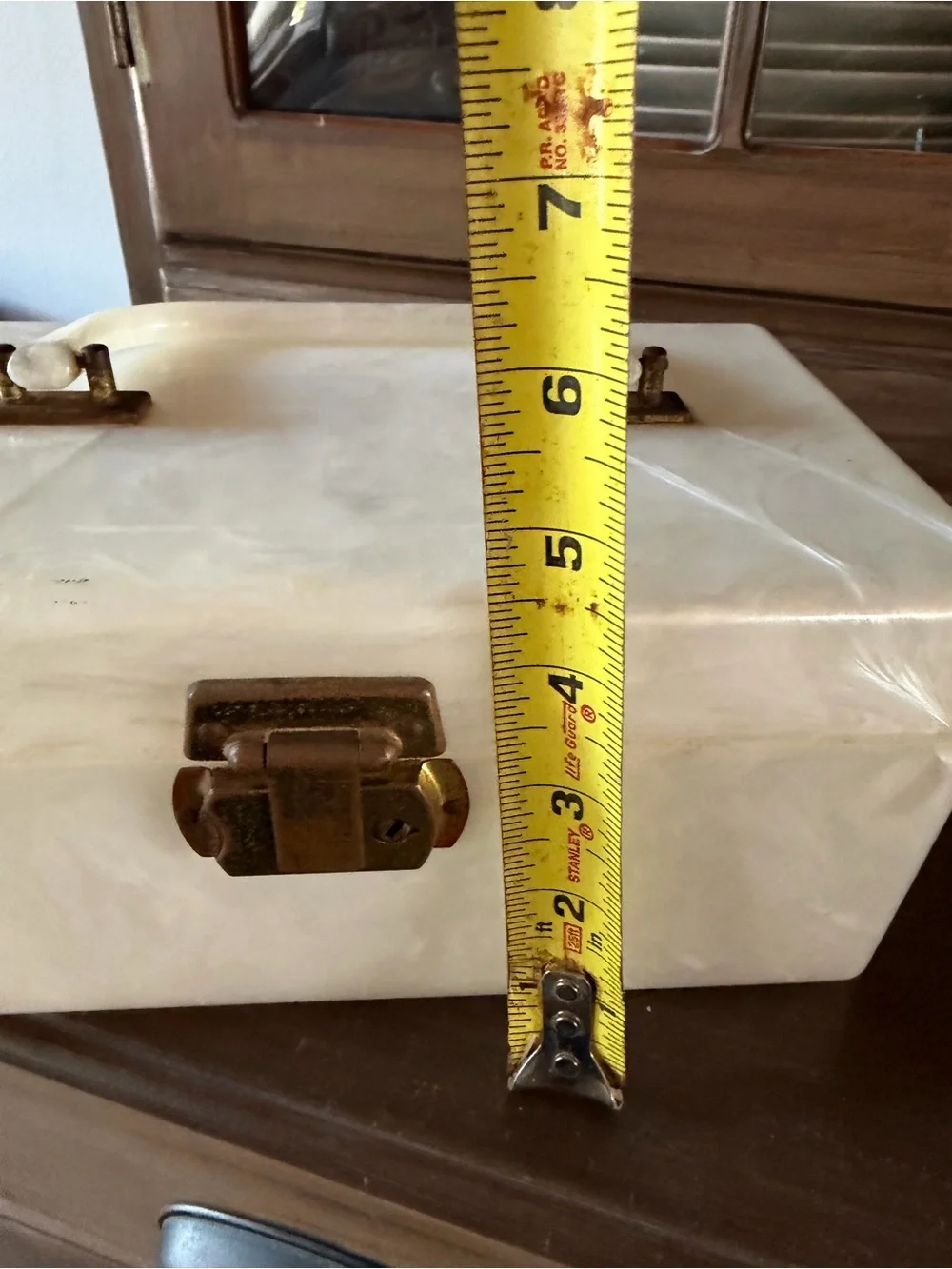 Vintage lucite plastic Pearl White Jewelry/makeup  Box with Brass Latch